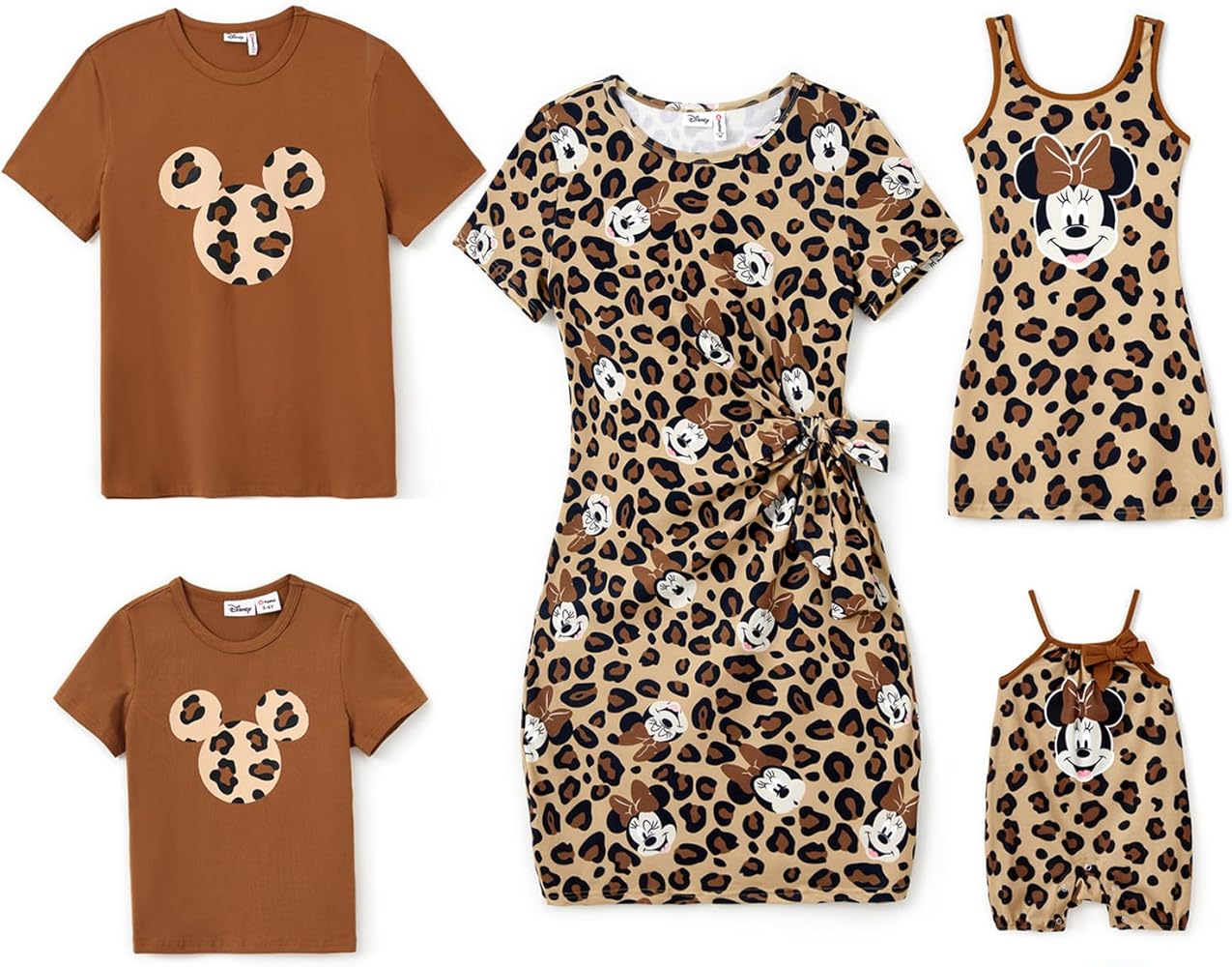 Disney Mickey and Friends Matching Family Outfits Mommy and Me Bodycon Dresses Bowknot Belt Brown Casual Sundress and Shirts