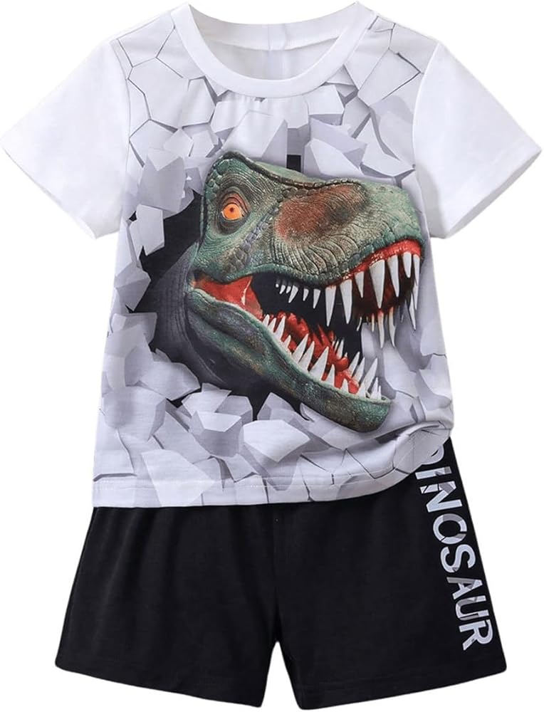 WDIRARA Boy's Two Piece Outfits Dinosaur Print Short Sleeve Tee and Letter Print Shorts Set