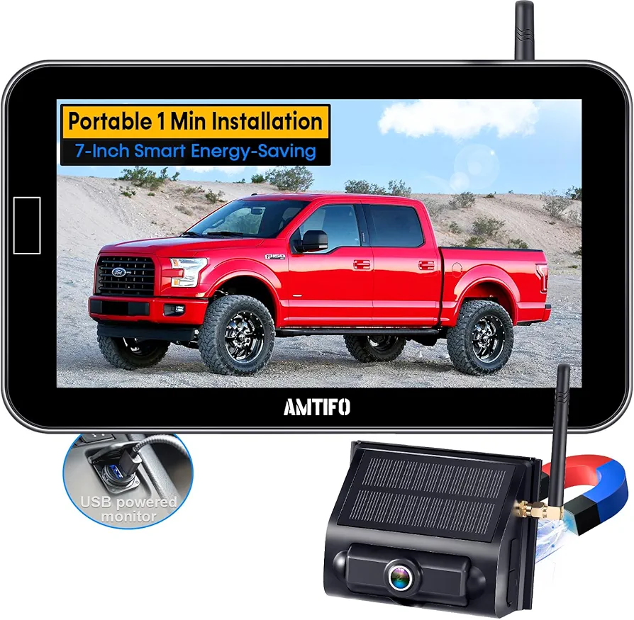 Magnetic Backup Camera Wireless Solar: Portable Auto Energy-Saving 7'' Zoom Truck Hitch Trailer Rear View Camera with Monitor Rechargeable Scratch-Proof Reverse Camera for Car RV AMTIFO A24