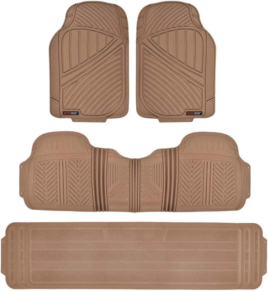 Motor Trend 3-Row Heavy Duty Rubber Floor Mats & Liners for Car SUV Van, Front 2nd & 3rd Row Durable Polymerized Latex Full Interior Protection, Extra-High Ridgeline Design, Beige