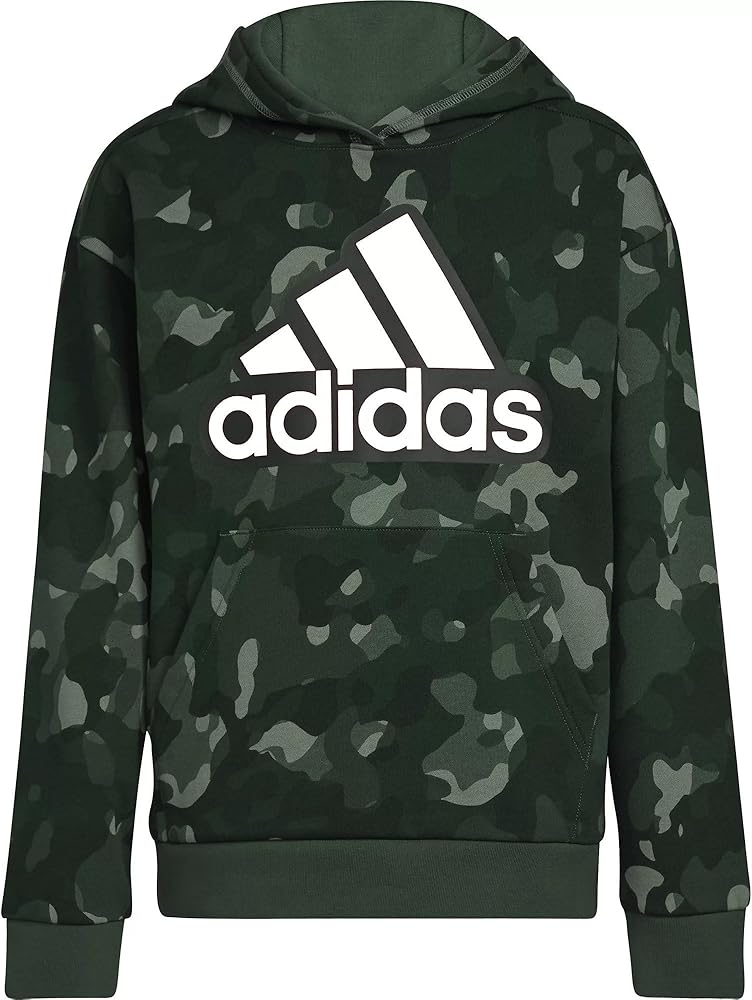 adidas Boys' Core Camo Allover Print Pullover Fleece Hoodie (Green Oxide/White, Large)