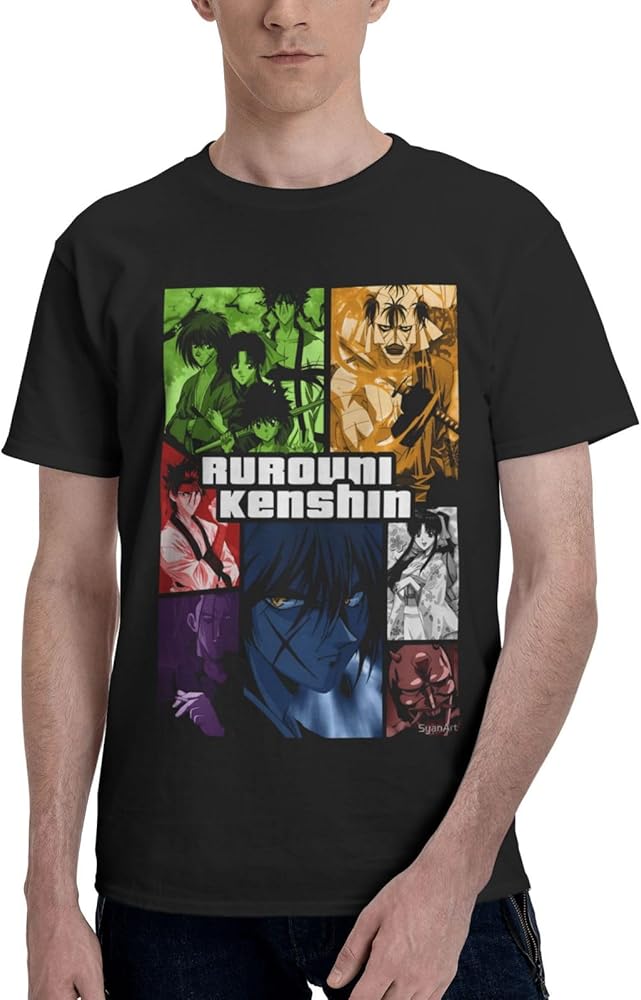 Anime T Shirts Rurouni Kenshin Boy's Summer Cotton Tee Crew Neck Short Sleeve Tees Black