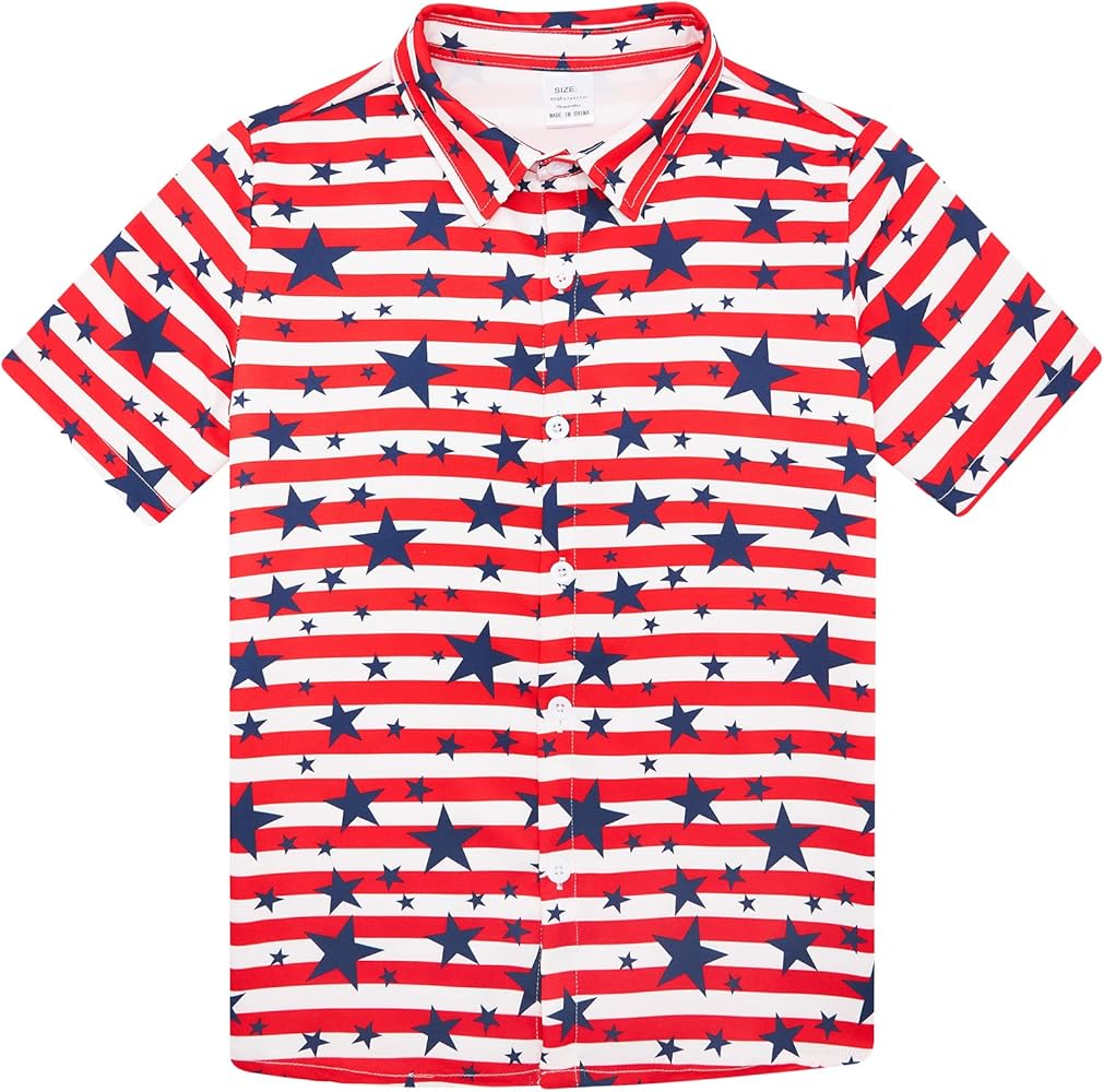 uideazone 7-14 Years Boys 4th of July Independence Day Shirt Button Down Short Sleeve American National Flag Patriotic Shirts