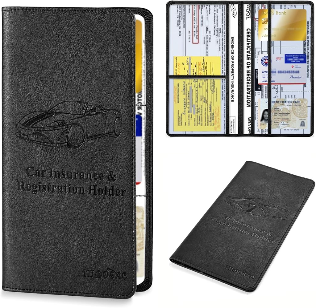 Leather Car Registration and Insurance Card Holder, Car Document Holder for Cards License with Magnetic Shut (Black, large)