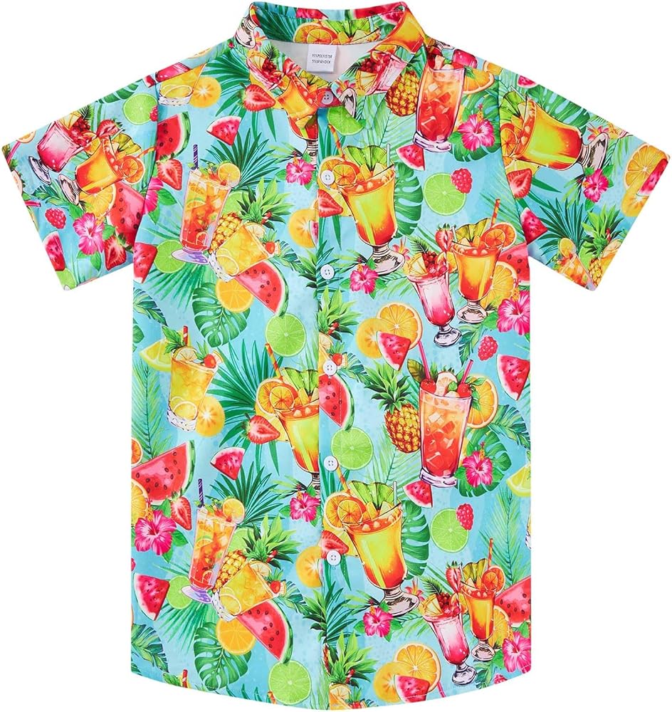 Little Boy's Button Down Hawaiian Shirts for Boys Short Sleeve Cool Cartoon Print Dress Tops T-Shirt for Kids 7-14T