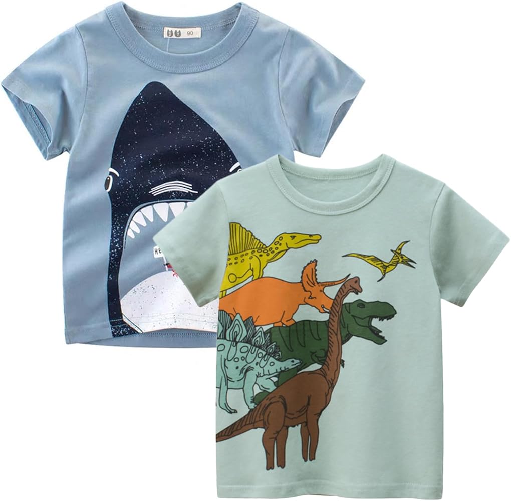 Toddler Boys Short-Sleeve Shirts Little Kids t Shirts Boys Tops Tees Dinosaur Shirt for 2-7 Years 2-Pack