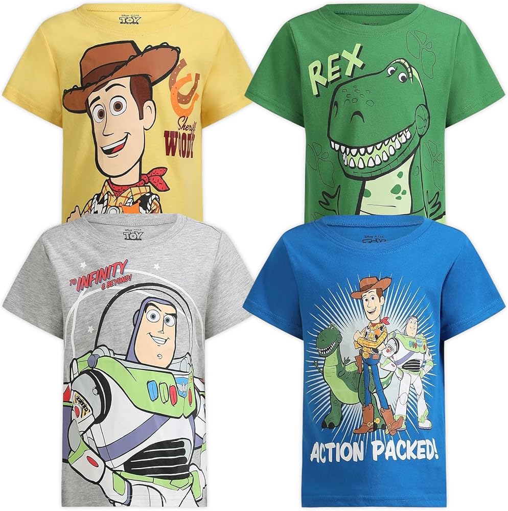 Disney Toy Story Woody, Buzz and Rex Boys Short Sleeve T-Shirt 4 Pack for Toddler and Little Kids