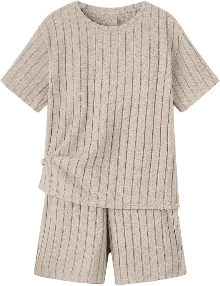 Boy's 2 Piece Outfits Ribbed Knit Drop Shoulder Crewneck Short Sleeve Tees Shirts and Track Shorts