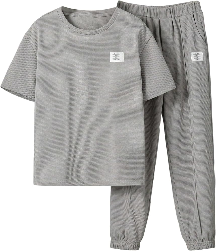 Verdusa Boy's 2 Piece Round Neck Short Sleeve Tee Top and Elastic Waist Pants Set