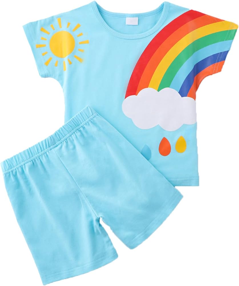 Toddler Boy Summer Clothes Rainbow Sun Printed Short Sleeve T Shirt Tops Solid Shorts Casual Outfits Set 2 Pcs