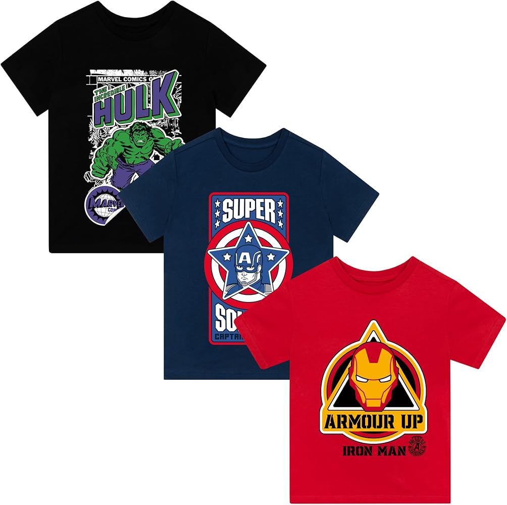 Marvel T-Shirt 3 Pack | Captain America, Hulk, Iron Man Avengers Shirt | Multipack Boys T Shirts for Summer