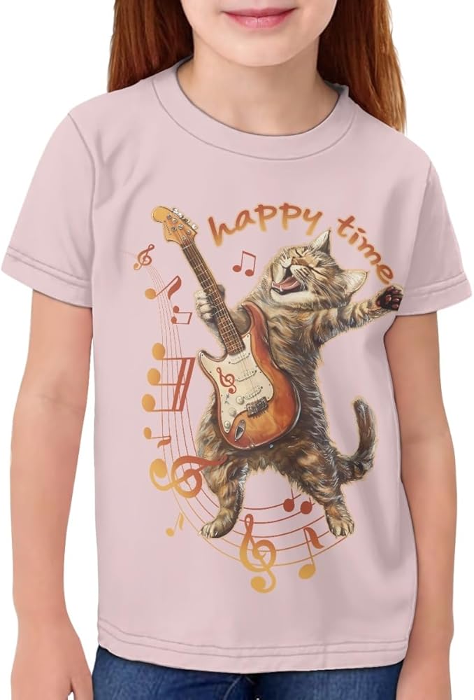 GLUDEAR Kids Tops Tees Girl Boy Novelty 3D Graphic O-Neck Short Sleeve Casual Pullover Blouse T-Shirt,Cat Guitar Music,7-8