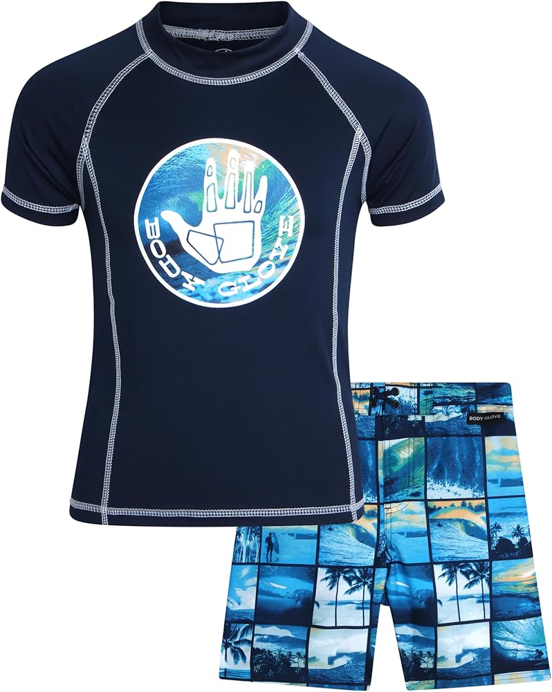 Body Glove Boys' Rash Guard Swim Set - 2 Piece UPF 50+ Swim Shirt and Bathing Suit Trunk for Boys (4-12)