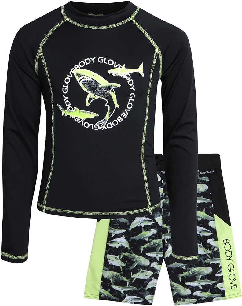 Body Glove Boys’ Rash Guard Set – UPF 50+ Swim Shirt and Bathing Suit Trunks – Swimwear Set for Boys (4-12)