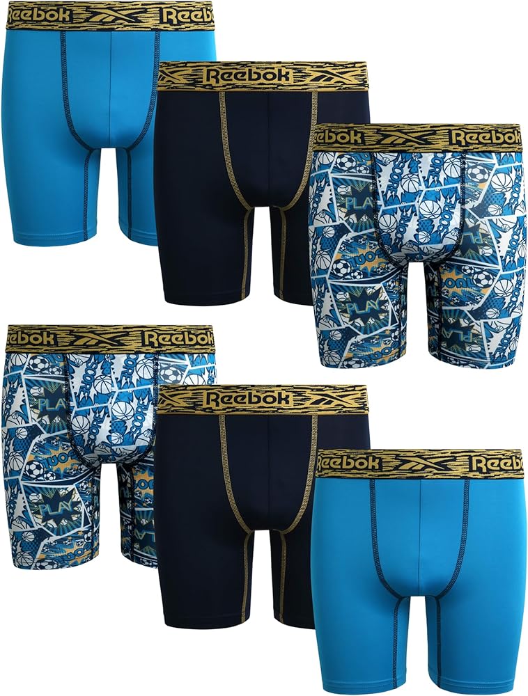 Reebok Boys Boxer Briefs- 6 Pack Long Leg Athletic Performance Stretch Boys Underwear - Breathable Boxers for Boys (6-18)