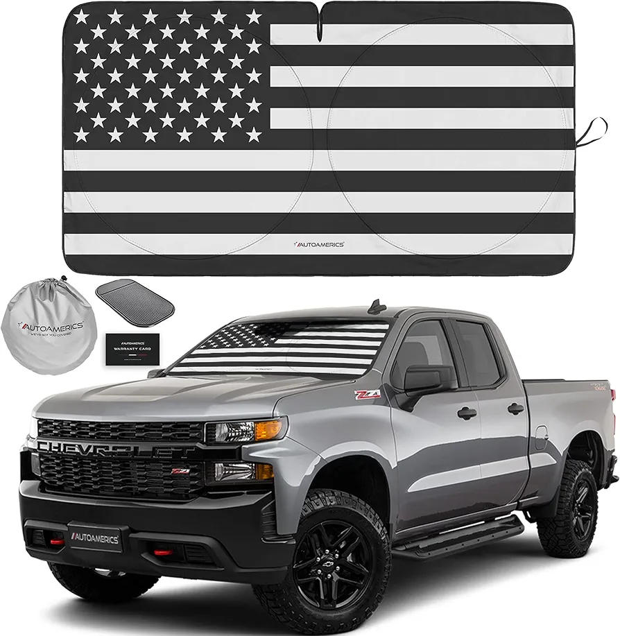 Autoamerics 1-Piece Windshield Sun Shade B&W American Flag USA Patriotic Design - Foldable Car Fits Easily to SUV & Truck Vehicles UV Ray Blocker Keeps Your Vehicle Cool Large