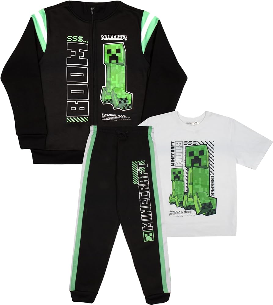 Minecraft Creeper Boys 3 Piece Pants Set - Zip Up Tracksuit, Short Sleeve T-Shirt, and Active Jogger Sweatpants Bundle Set