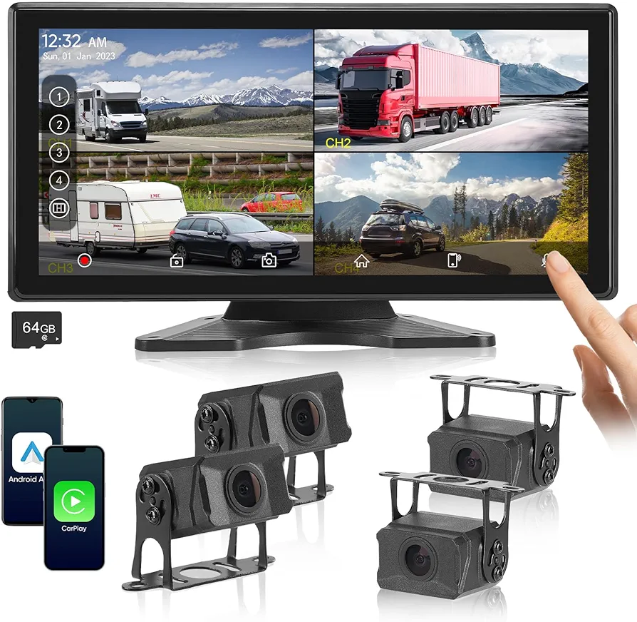 RV Camera System - 10.36" Touch Screen Monitor, 4 1080P HD Backup Cameras, DVR Recording, IP69 Waterproof, Carplay/Android Auto Compatible for Truck, Travel Trailer, Van, Camper