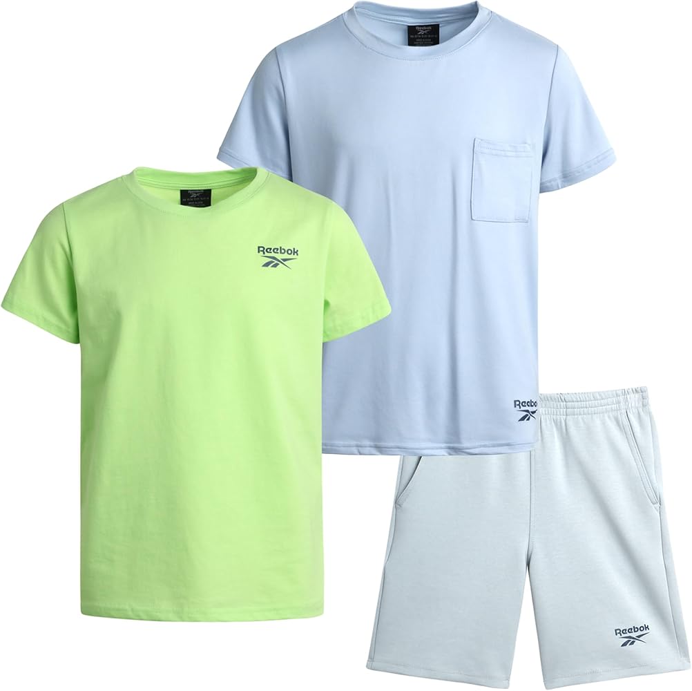 Reebok Boys' Active Shorts Set - 3 Piece Short Sleeve T-Shirt, Performance Dry Fit Shirt, French Terry Sweat Shorts (8-12)