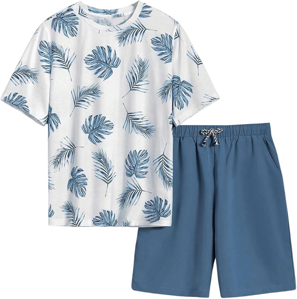 Verdusa Boy's 2 Piece Summer Outfit Tropical Print Tee Shirt Tops and Drawstring Waist Shorts Set