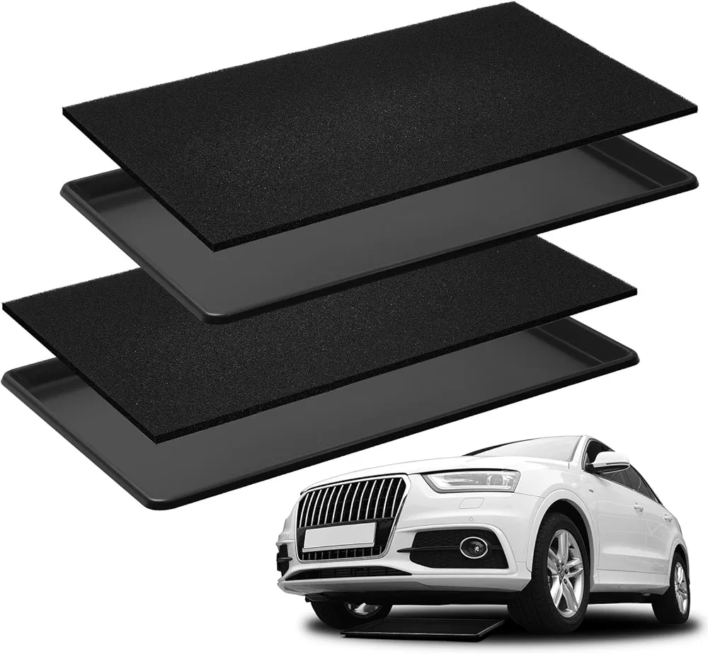 Uiifan 2 Sets 35 x 24 x 1.4 Inch Oil Drain Drip Pan for Car with Square No Splatter Pad Oil Drip Tray Oil Change Mat for Under Car Transmission Garage Automotive Driveway to Keep Floor Clean, Black