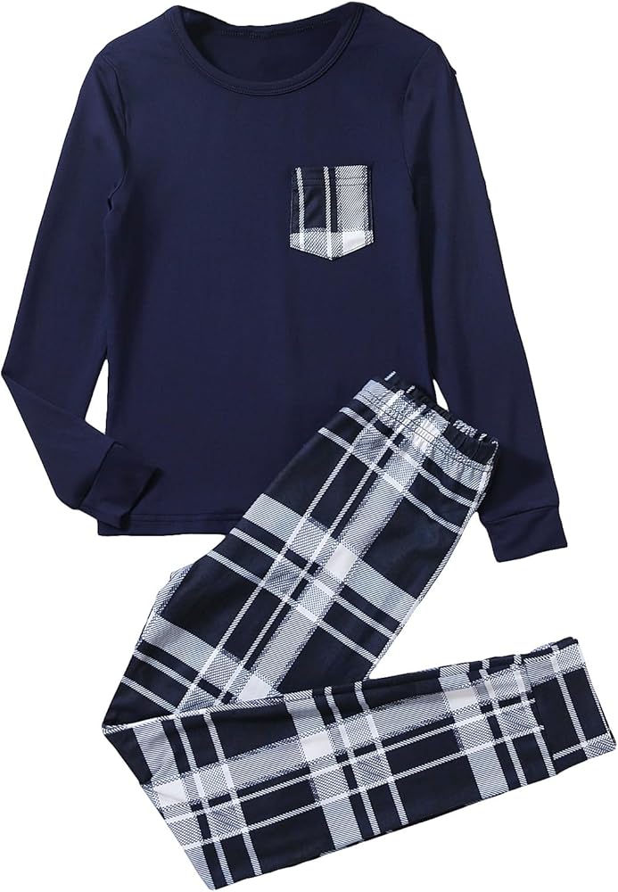 SOLY HUX Boy's Casual 2 Piece Outfits Plaid Long Sleeve Tee Tops and Pants Set