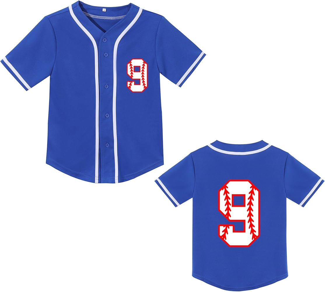 Kids Baseball Jersey Boys 9th Birthday Gift Print Number 9 T-Shirt Girls Trendy Hip Hop Button Short Sleeve Tops