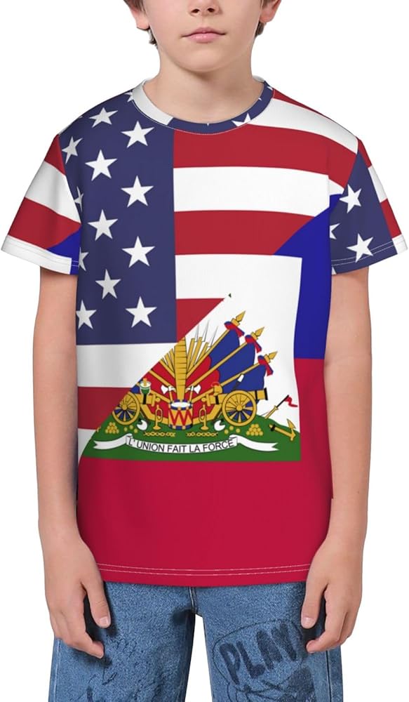 American and Haiti Flag Teen Boys Short Sleeve Crew Neck T-Shirt Casual Tee Tops for Youth Kids