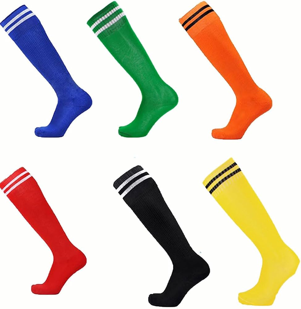 6 Pairs Kids Youth Soccer Socks Color Stretchy Striped Knee High Tube Socks Football Athletic Socks For Boys & Girls