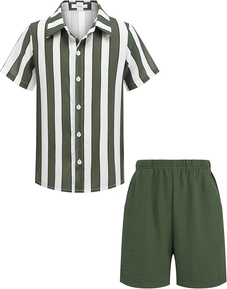 Arshiner Boys 2 Piece Outfits Hawaiian Shorts Sets Button Down Shirt and Shorts Summer Beach Clothes for 4~12 Years