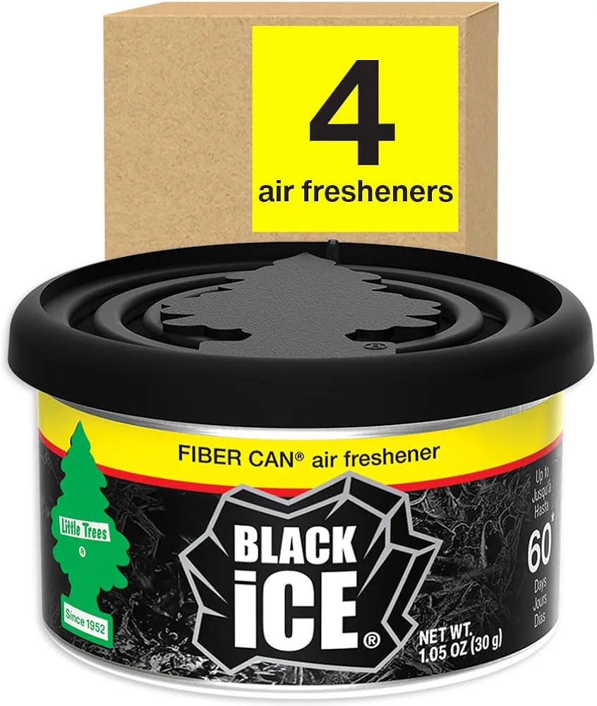 LITTLE TREES Car Air Freshener. Fiber Can Provides a Long-Lasting Scent for Auto or Home. Adjustable Lid for Desired Strength. Black Ice, Air Fresheners (Pack of 4)