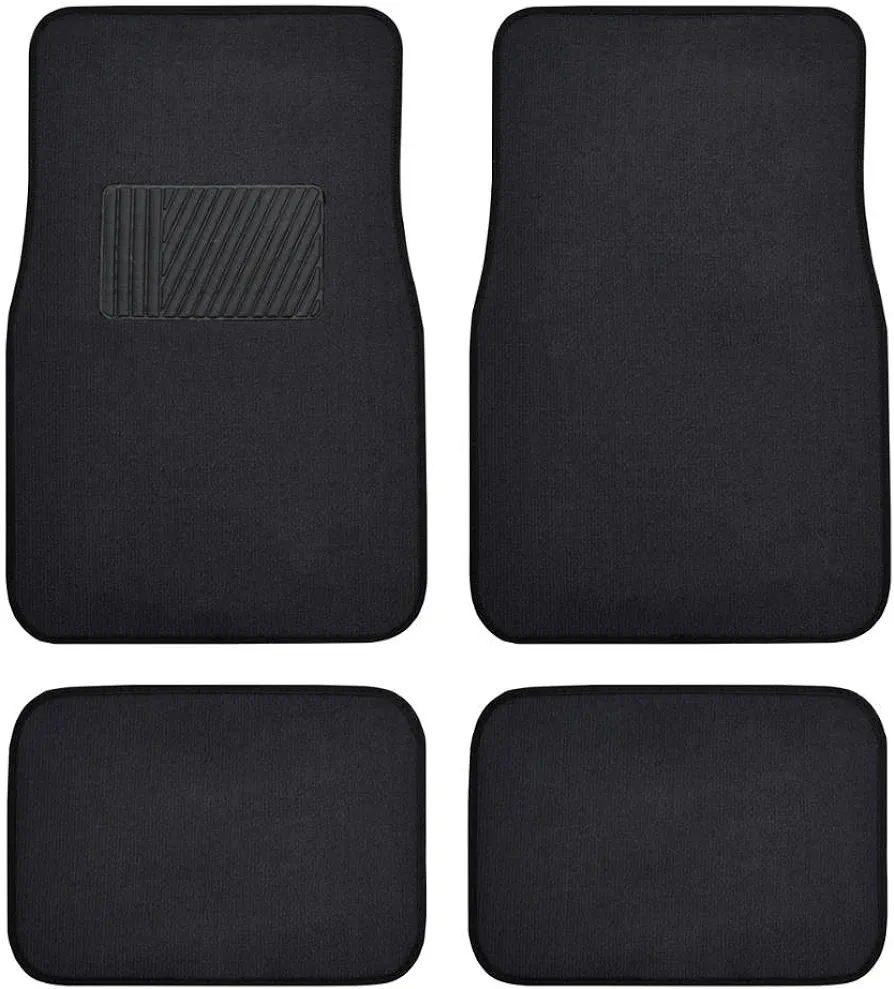 Premium 4PC Set of Carpet Car Floor Mats with Vinyl Safety Heel Pad for Car, Truck, SUV, Coupe Sedan, Black (MT-100-BK)