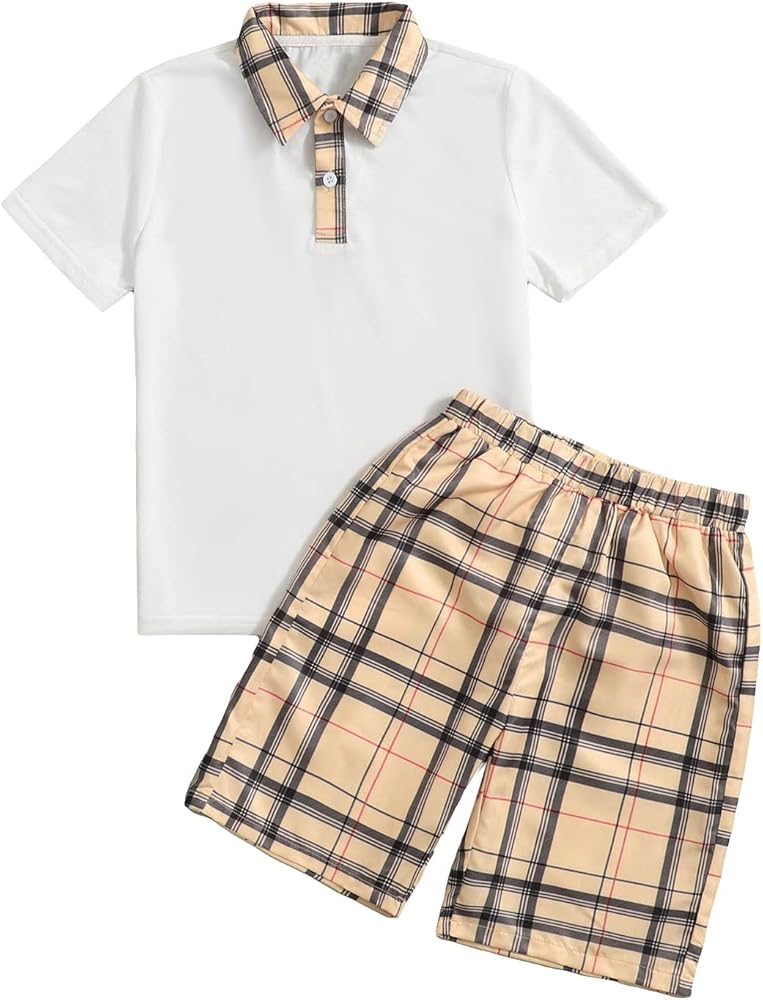 Verdusa Boy's 2 Piece Outfits Plaid Print Button Front Tee Tops and Elastic Waist Shorts Sets