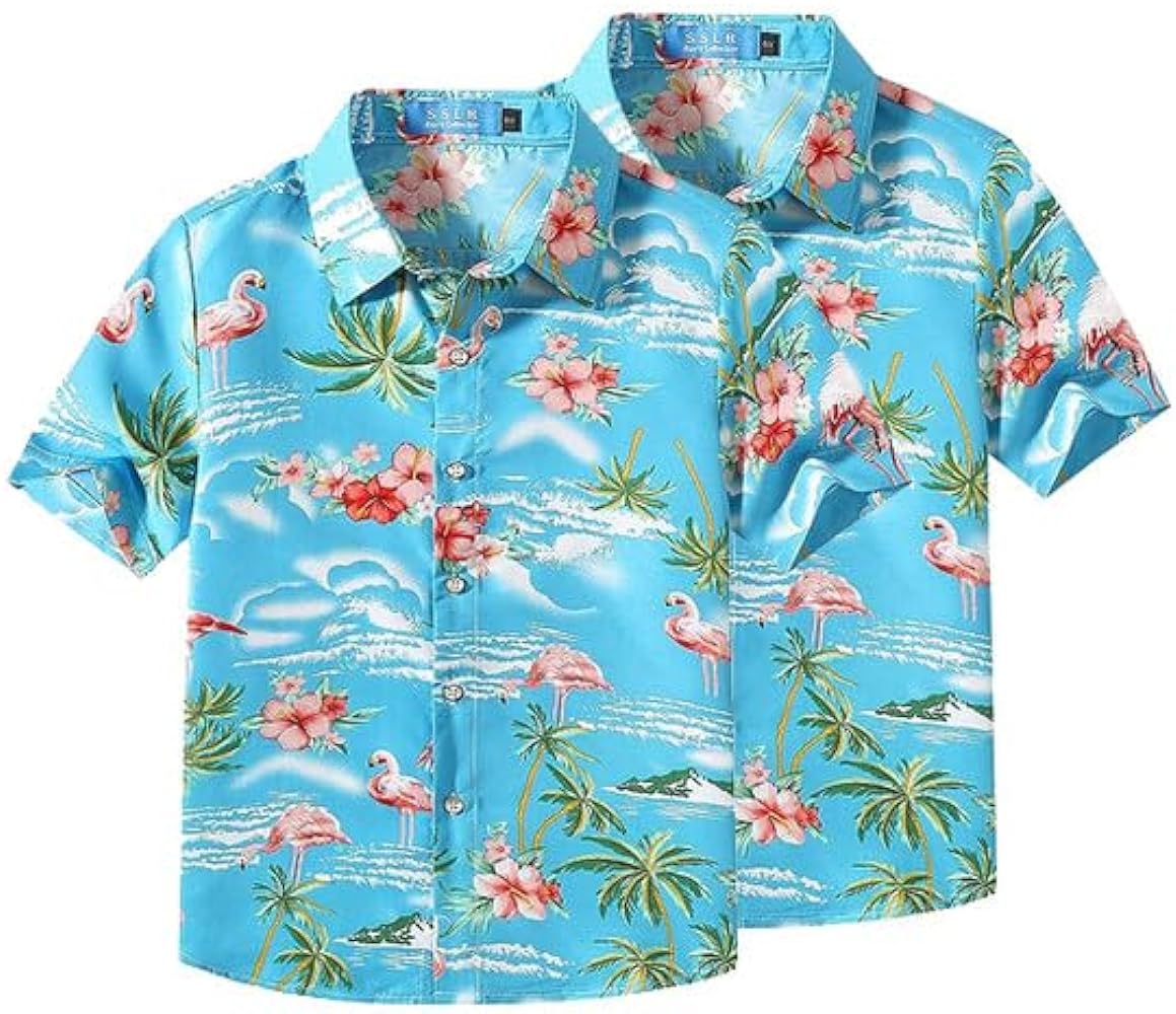 SSLR Big Boys Hawaiian Shirt, Kids Hawaiian Shirt, Flamingos Shirt Short Sleeve Luau Shirt for Kids