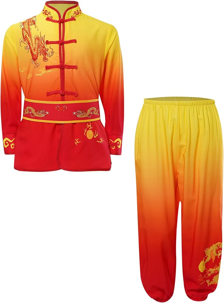 zdhoor Unisex Child 3 Pcs Chinese Kung Fu Suit Dragon Print Martial Arts Knot Button Tops with Pants Belt Set