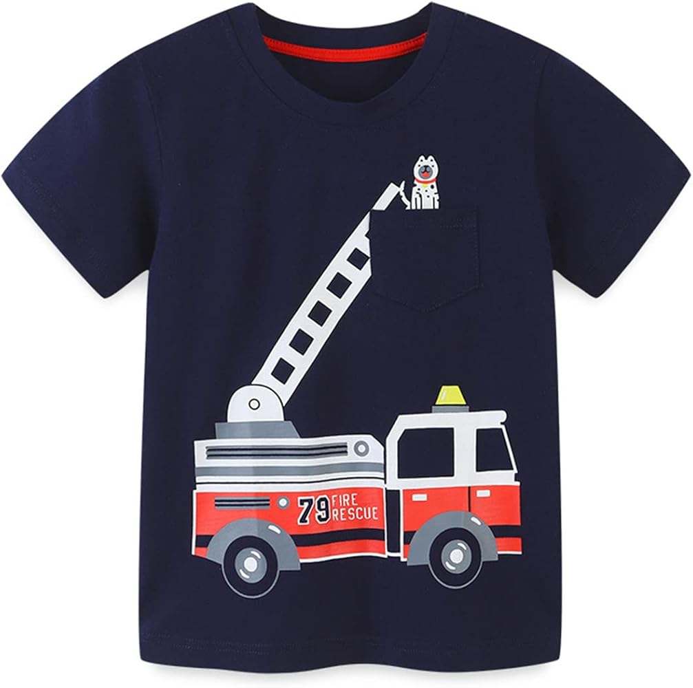 Toddler Boys Shirts Kids Short Sleeve T Shirts Fire Truck Navy