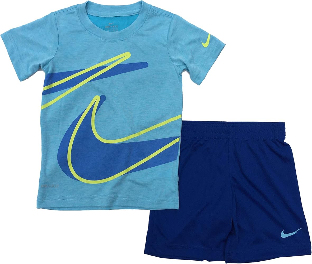 Nike Boy`s Dri-Fit T-Shirt & Shorts 2 Piece Set (Indigo Force(86E526-C3M)/Yellow, 4)