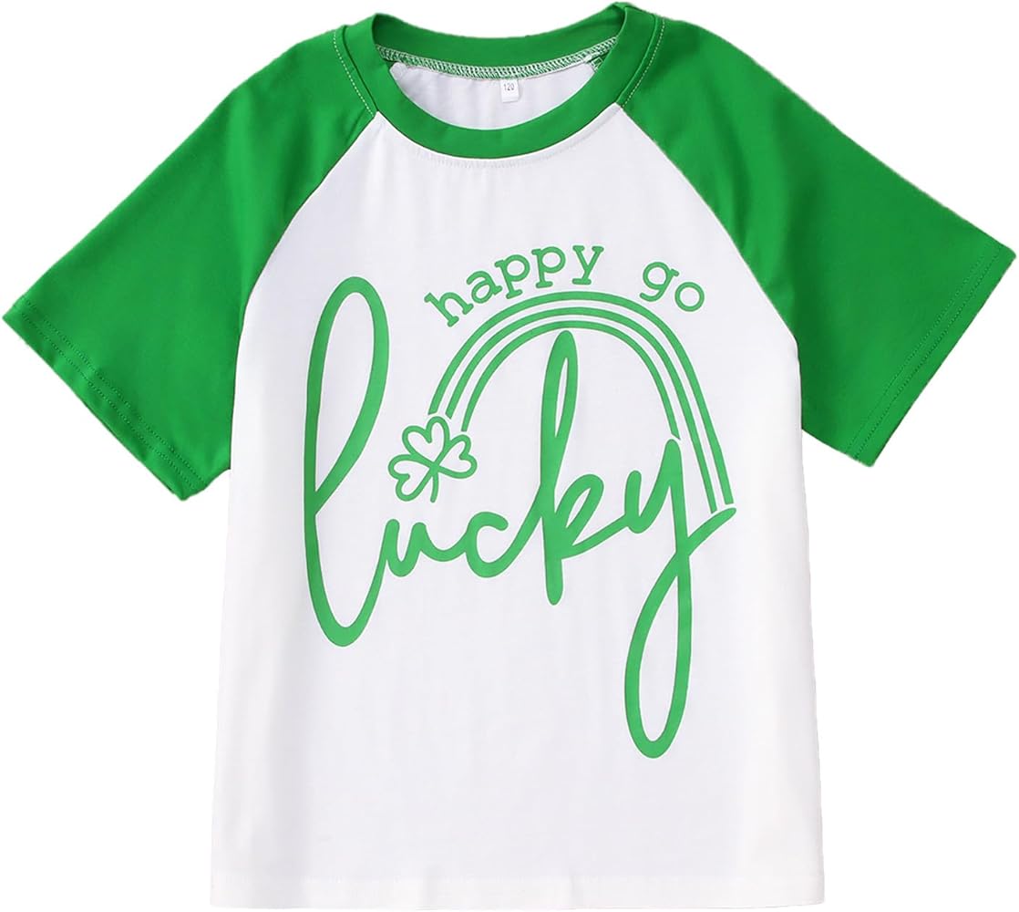 Kids St. Patrick's Day Shirt Boys Girls Happy Go Lucky Shamrock T-Shirt Irish Clover Raglan Short Sleeve Tee Tops