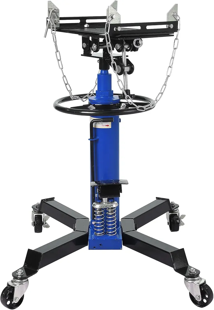 GAOMON 1 Blue Easy Maneuver Transmission Jack - Heavy Duty 1322 Lbs Capacity, 2-Stage Hydraulic Telescopic Design, Foot Pedal, 360° Swivel Wheel, Ideal for Garage/Shop.