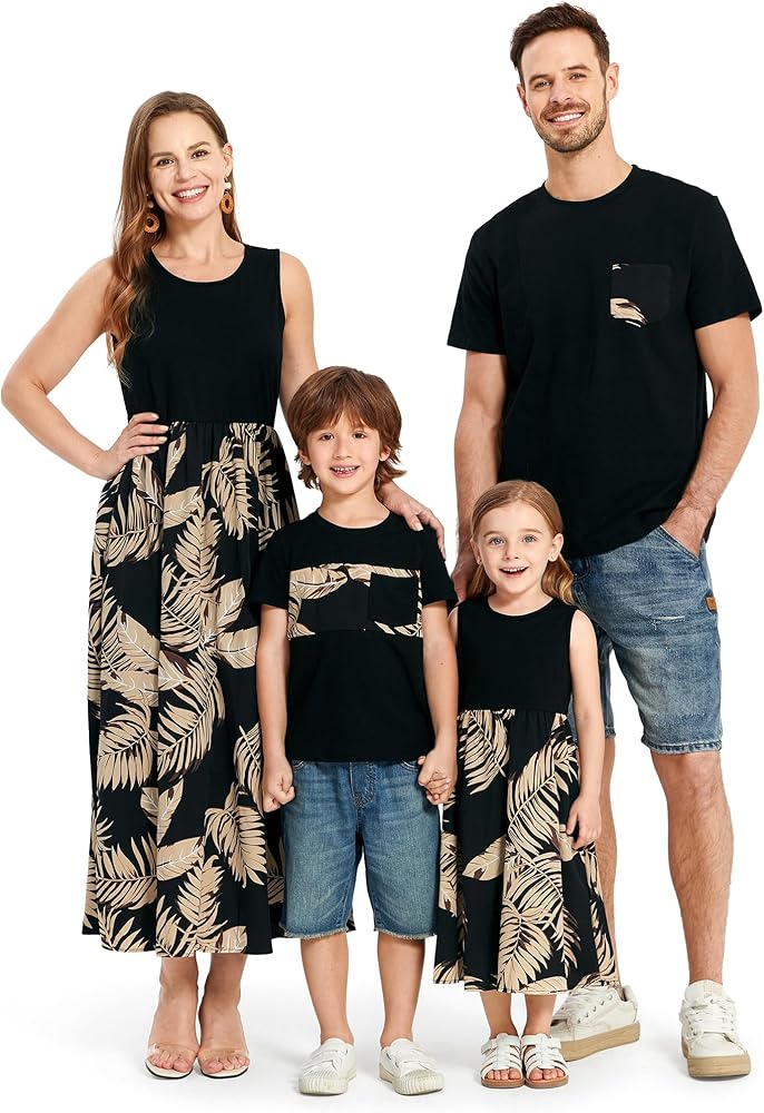 PATPAT Family Matching Outfits Mommy and Me Dresses Tropical Print Hawaiian Tank Maxi Dresses and Shirts Matching Sets