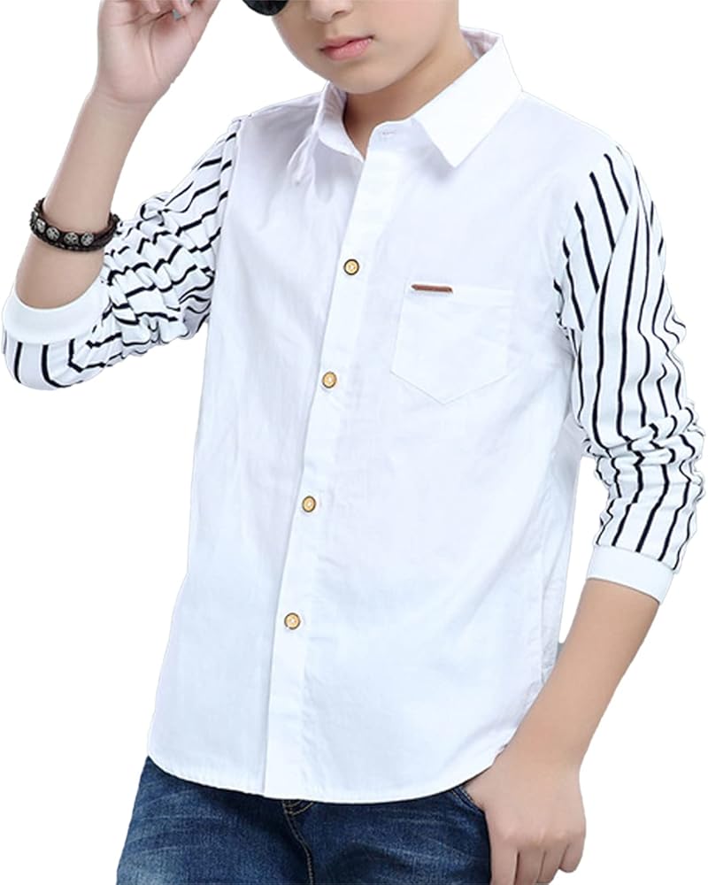 TiaoBug Boy's Striped Print Patchwork Style Long Sleeve Collared Button Down Dress Shirt Blouse School T-Shirt Top