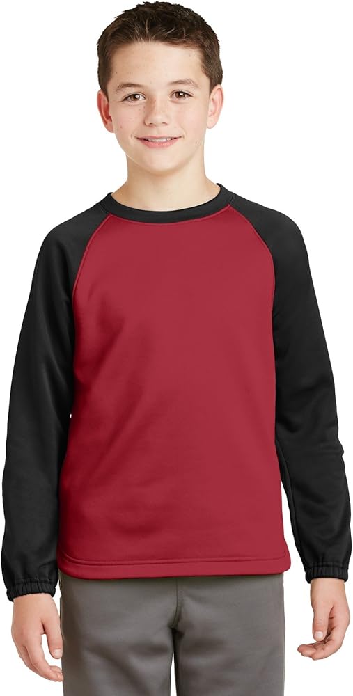 Sport-Tek?YST242 Youth Sport Wick Raglan Colorblock Fleece Crewneck, L, Deep Red/ Black