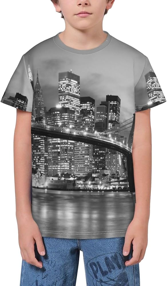 Brooklyn Bridge Manhattan Skyline Teen Boys Short Sleeve Crew Neck T-Shirt Casual Tee Tops for Youth Kids