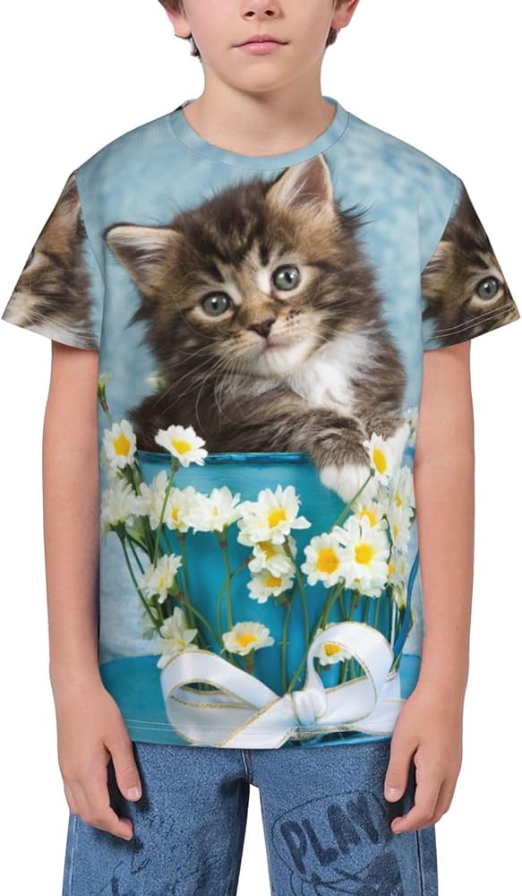 Maine Coon Kitten Cat Cup Teen Boys Short Sleeve Crew Neck T-Shirt Casual Tee Tops for Youth Kids