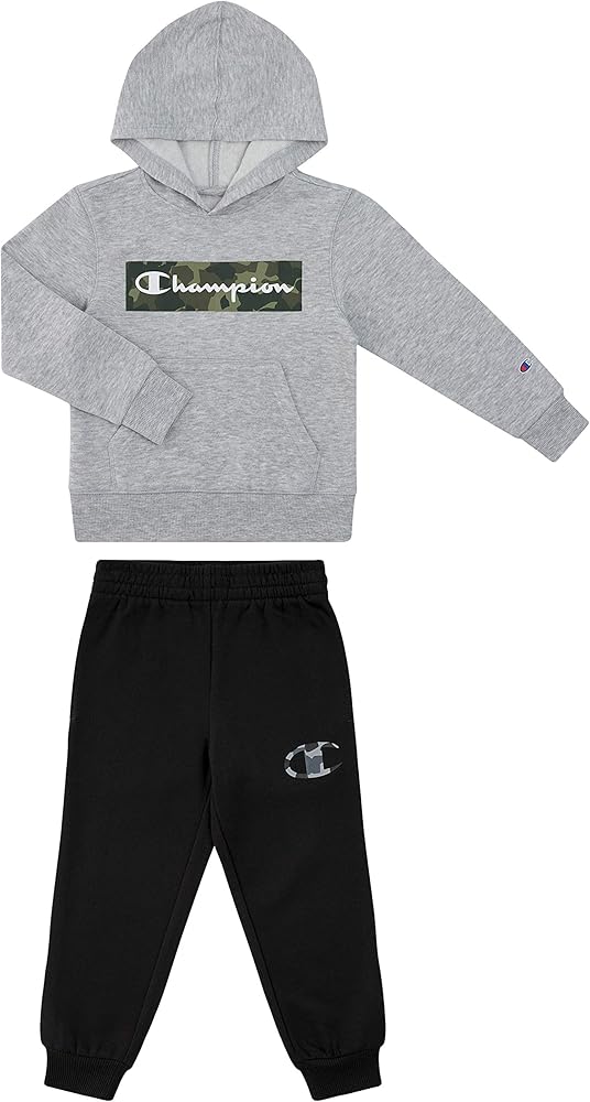 Champion Boys Hertiage 2-7 Two Piece Hooded and Crew Neck Fleece Pant Fleece Sweatshirt Sport Sets (6, Oxford Heather/Black Camo Hooded)