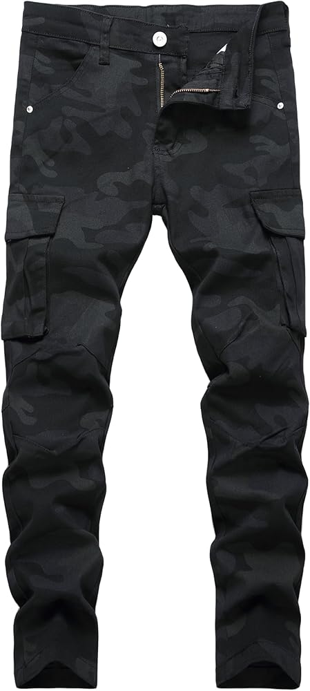 GUNLIRE Boy's Black Camo Cargo Pants Skinny Fit Elastic Waist Stretch Fashion Comfy Casual Pants with Pockets