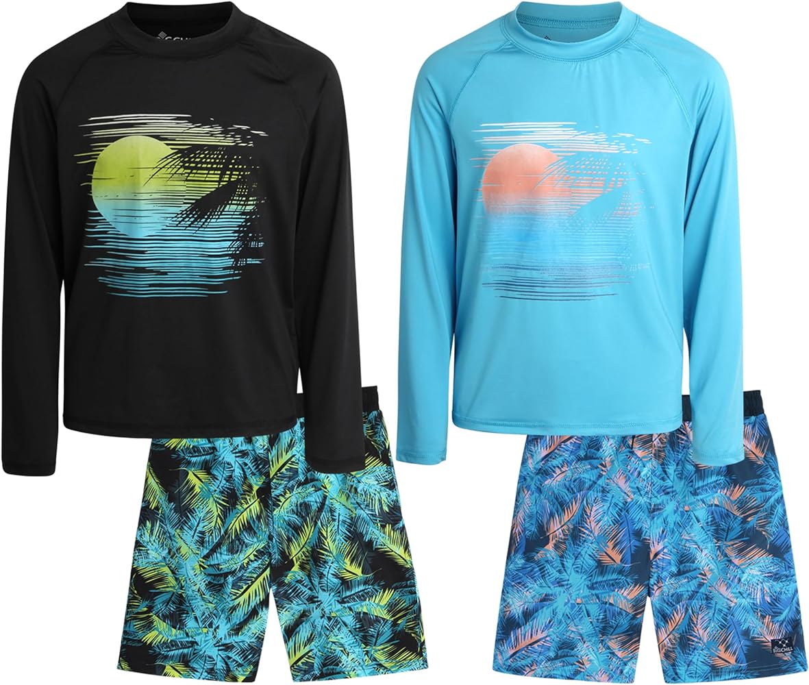 Big Chill Boys' Rash Guard Set - 4 Piece UPF 50+ Long Sleeve Swim Shirts and Trunks Set - Quick Dry Swimsuits for Boys (4-14)