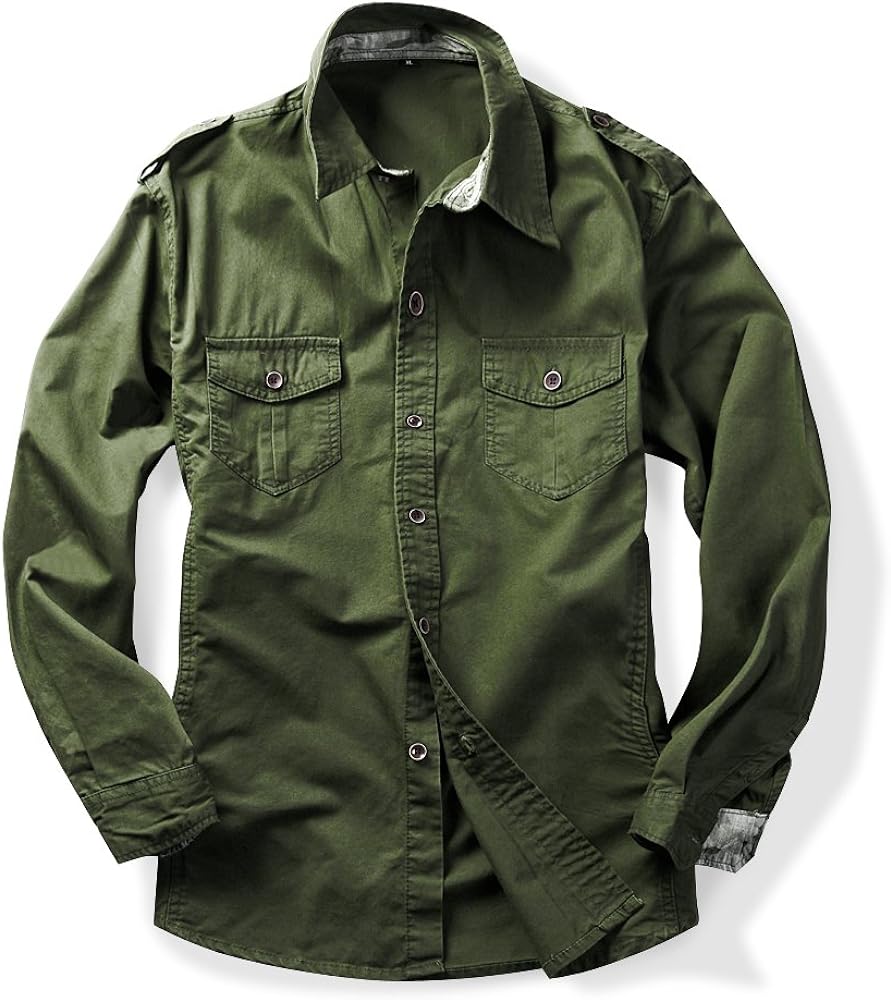 Men's Boys Button Down Shirt Long Sleeve Military Casual Style Cargo Tactical Work Shirt