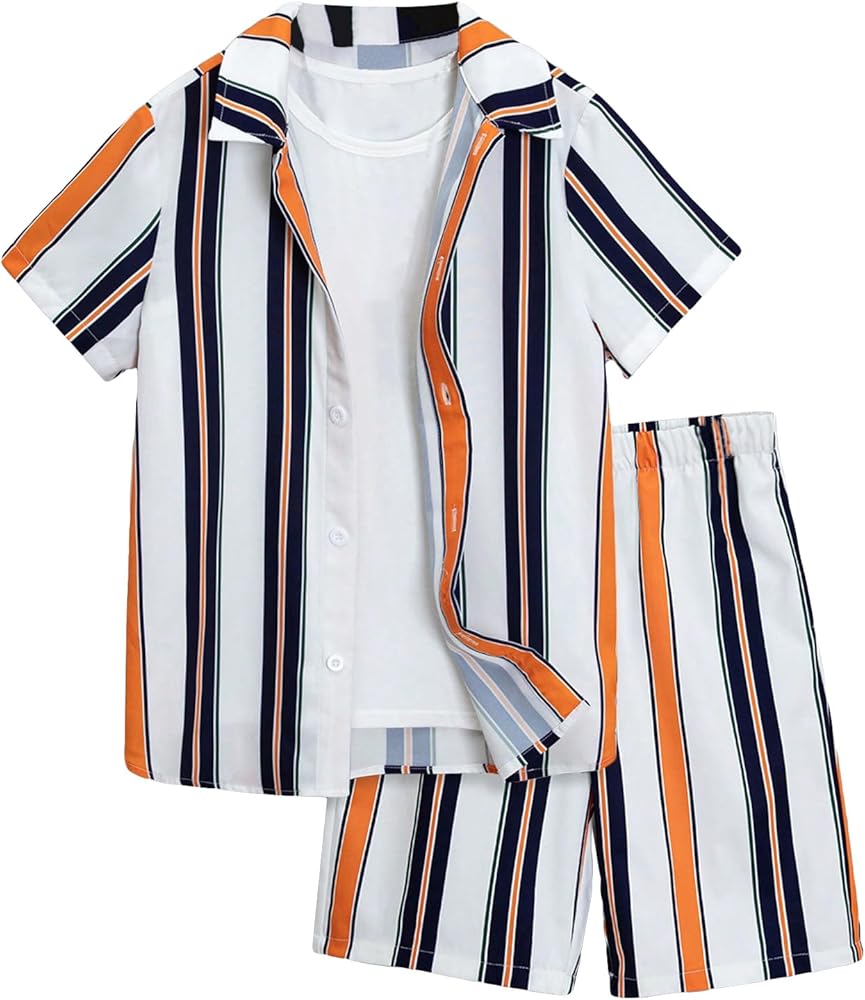 Verdusa Boy's 2 Piece Outfits Striped Print Short Sleeve Collared Button Down Shirt and Shorts Set