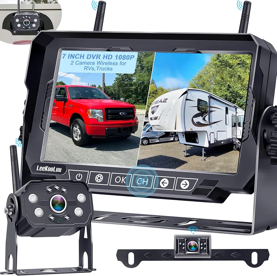 Dual RV Backup Cameras Wireless - Ease Install Plug-Play Recording HD 1080P 7'' Touch Key Monitor Trailer Truck Rear View Cam Night Vision Signal No-Delay 4 Channels for Furrion Pre-Wired Mount